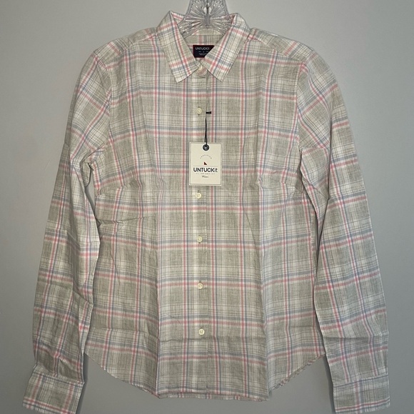 UNTUCKit Women's Chasseles Long Sleeve Button Down Gray Pink Cotton Size 2 NWT - Picture 1 of 16